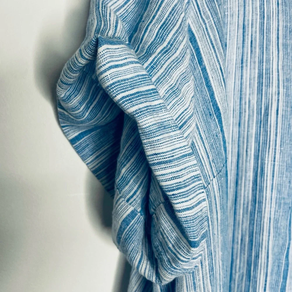 Tahari Plus 100% Linen Collar Shirt Dress Light Blue stripe button up 2X pockets - Picture 13 of 16